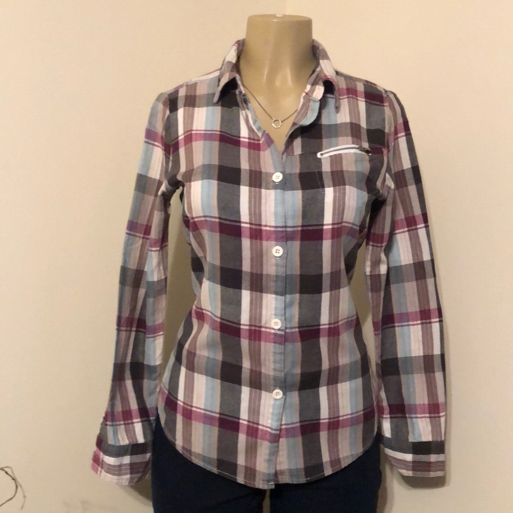 Purple and gray plaid shirt